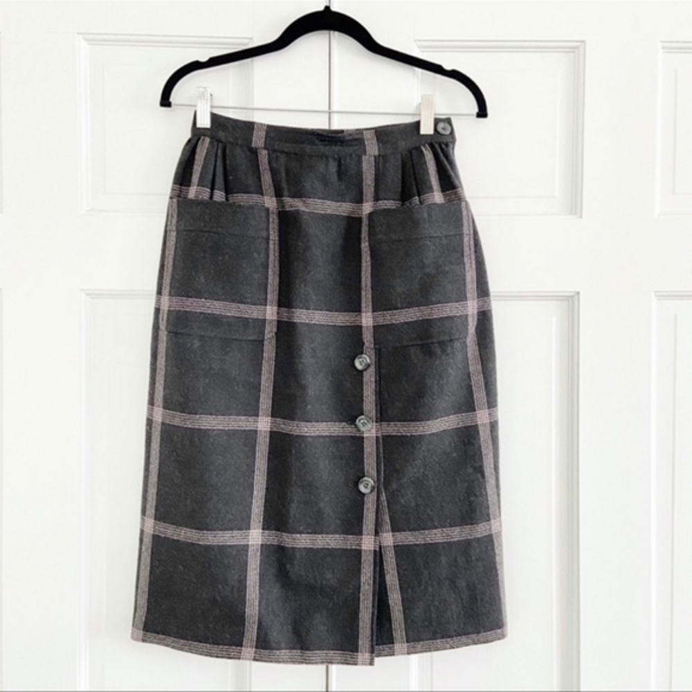 Valentino Vintage Windowpane Gray Front Pockets Wool‎ Pencil Midi Skirt Small